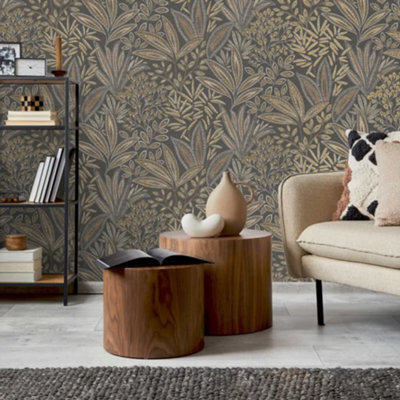 Sahara Leaf Deep Mocha Brown Tropical Floral Leaf Wallpaper M1785