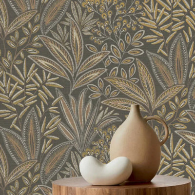 Sahara Leaf Deep Mocha Brown Tropical Floral Leaf Wallpaper M1785