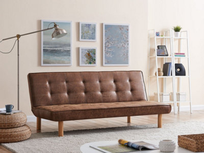 Salerno 3 Seater Sofa Bed Brown Air Leather Tufted Backrest With Wooden Legs Clic Clac