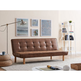 Salerno 3 Seater Sofa Bed Brown Air Leather Tufted Backrest With Wooden Legs Clic Clac