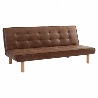 Salerno 3 Seater Sofa Bed Brown Air Leather Tufted Backrest With Wooden Legs Clic Clac