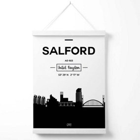 Salford Black and White City Skyline Poster with Hanger / 33cm / White