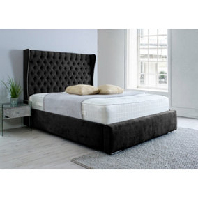 Salva Plush Bed Frame With Winged Headboard - Black