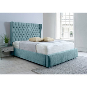 Salva Plush Bed Frame With Winged Headboard - Duck Egg