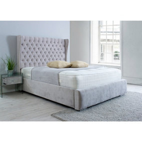 Salva Plush Bed Frame With Winged Headboard - Silver