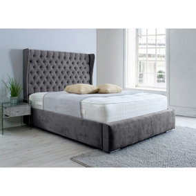 Salva Plush Bed Frame With Winged Headboard - Steel