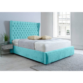 Salva Plush Bed Frame With Winged Headboard - Teal
