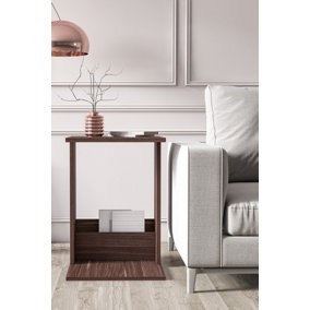 Saly C-Shaped Side Table with Storage Shelf, 41 x 45 x 60 cm 2 Tier Coffee Table Laptop Stand Bedside Table, Walnut