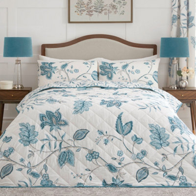 Samira Large Floral Print Teal Quited Bedspread