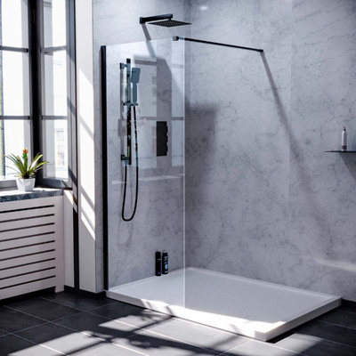 Samoa 900mm Wet Room Screen Tempered Glass & Matte Black Support Bar ...