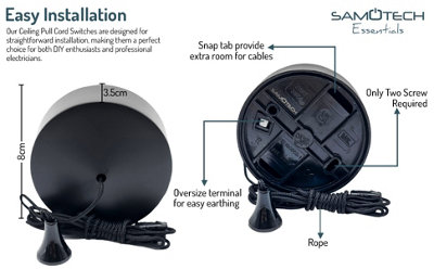 SAMOTECH Essentials 6A 2 way Matt Black Pull cord switch