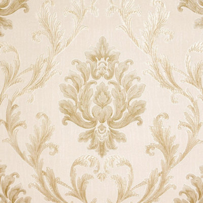 Sample of Aurora Damask Wallpaper in Shimmering Ivory with Gold and Silver (53 x 30cm)