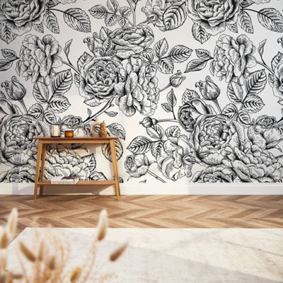 Sample of Gentle Roses Mural in Monochrome