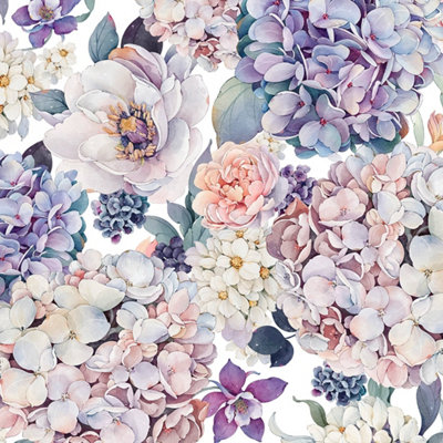 Sample of Hydrangea Bouquet Wallpaper in Soft Pastels on White