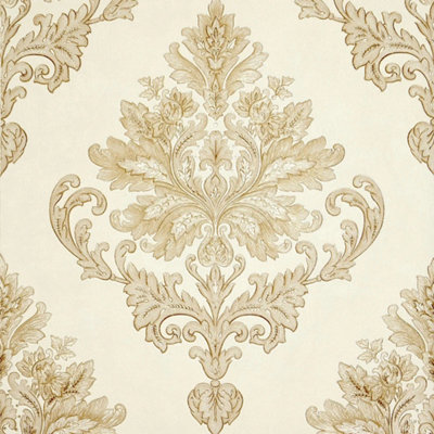 Sample of Jasmine Damask wallpaper in cream and metallic gold (53 x 30cm)