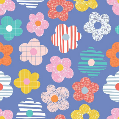 Sample of Miss Daisy Wallpaper in Multicoloured Brights on Blue