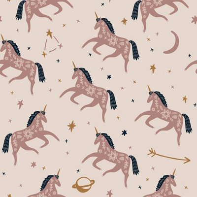 Sample of Twinkle, Twinkle Unicorn Wallpaper in Dusky Pink and Navy