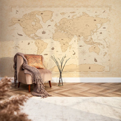 Sample of Vintage World Map Mural in Natural
