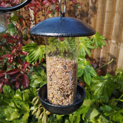 Samuel Alexander 2 Port Garden Wild Bird Hanging Hammered Steel Black and Silver Seed Feeder