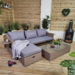 Samuel Alexander 6 Seater 4PC Brown Rattan Chair Garden Sofa Set Daybed With Glass Table Coffee Top Rattan Furniture