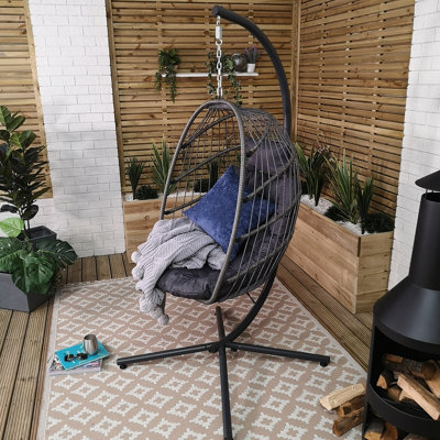 Samuel Alexander Grey Hanging Egg Chair with Stand Waterproof Cover And Cushions Steel Frame Rattan Outdoor Swing Chair