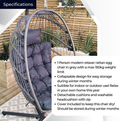 Samuel Alexander Grey Hanging Egg Chair with Stand Waterproof Cover And Cushions Steel Frame Rattan Outdoor Swing Chair - 5