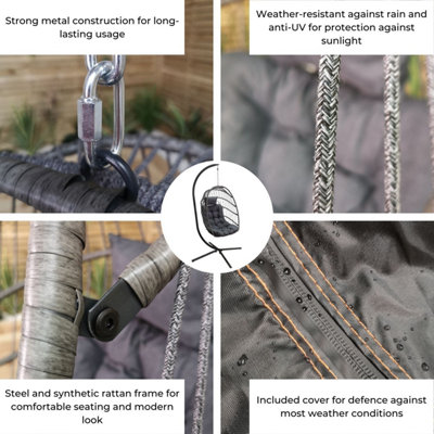 Samuel Alexander Grey Hanging Egg Chair with Stand Waterproof Cover And Cushions Steel Frame Rattan Outdoor Swing Chair - 6
