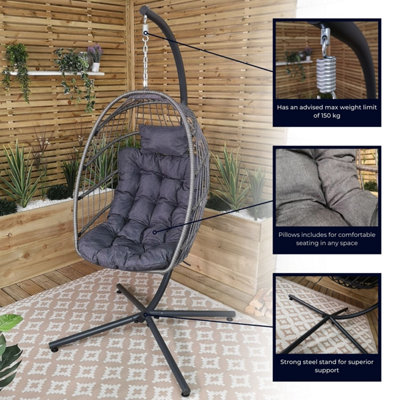 Samuel Alexander Grey Hanging Egg Chair with Stand Waterproof Cover And Cushions Steel Frame Rattan Outdoor Swing Chair - 7