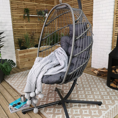 Samuel Alexander Grey Hanging Egg Chair with Stand Waterproof Cover And Cushions Steel Frame Rattan Outdoor Swing Chair - 8