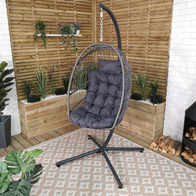 Samuel Alexander Grey Hanging Egg Chair with Stand Waterproof Cover And Cushions Steel Frame Rattan Outdoor Swing Chair - 9