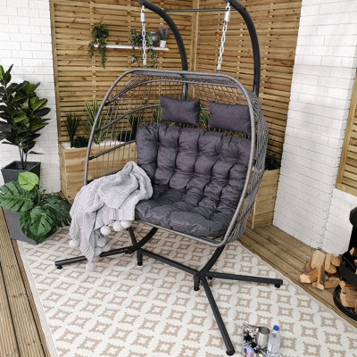 Samuel Alexander Grey Luxury 2 Seater Double Hanging Egg Chair Garden Outdoor Swing Folding Cocoon Chair Rattan Garden Furniture