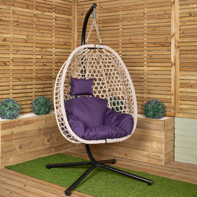 Samuel Alexander Hanging Garden Rattan Egg Chair with Steel Frame and Waterproof Cover in Indigo