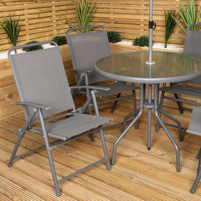 Samuel Alexander Outdoor 4 Seater Round Glass Top Table and Chairs Patio Set with Parasol in Grey - 6