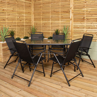 Samuel Alexander Outdoor 6 Seater Glass Top Table and Chairs Patio Set with Parasol in Black - 4