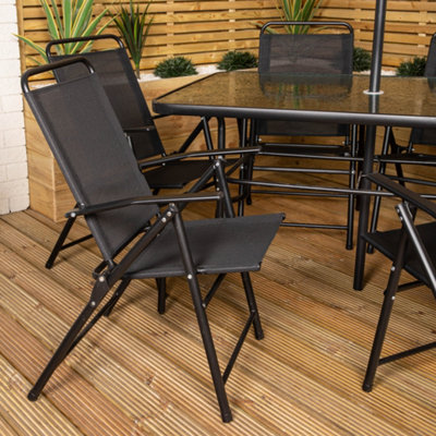 Samuel Alexander Outdoor 6 Seater Glass Top Table and Chairs Patio Set with Parasol in Black - 5