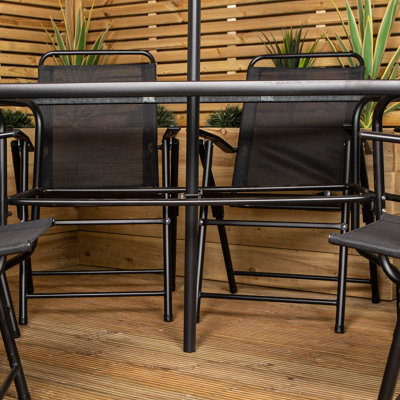 Samuel Alexander Outdoor 6 Seater Glass Top Table and Chairs Patio Set with Parasol in Black - 6