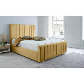 Sancia Plush Bed Frame With Lined Headboard - Beige