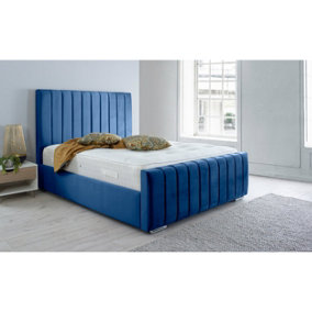 Sancia Plush Bed Frame With Lined Headboard - Blue