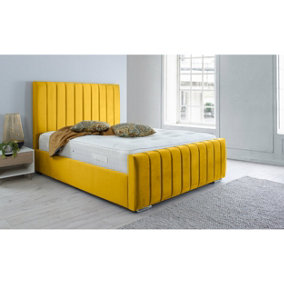 Sancia Plush Bed Frame With Lined Headboard - Mustard Gold