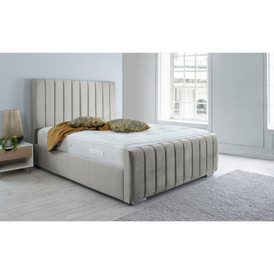 Sancia Plush Bed Frame With Lined Headboard - Silver