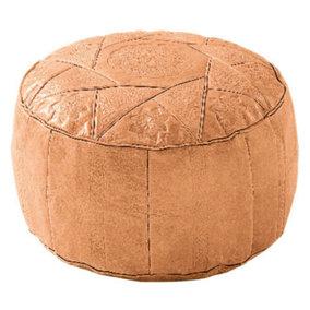 Sand Tunisian Leather Round Pouffe Footrest - Hand Crafted Artisan Leather Beanbag Footstool Seat - Measures H25.5 x W47cm