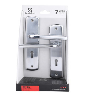 Sandleford Aston Security Key Lock Internal Door Handle Lever on Backplate Set Pair Kit - Dual Tone Polished and Brushed Chrome