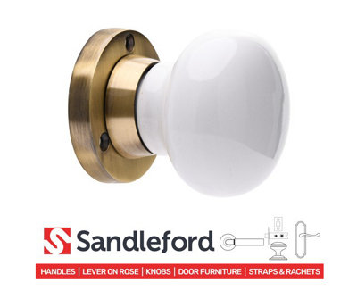 Sandleford Chawton Mortice Internal Door Knob Pull Set Pair - White Glazed Ceramic and Antique Brass Round 60mm