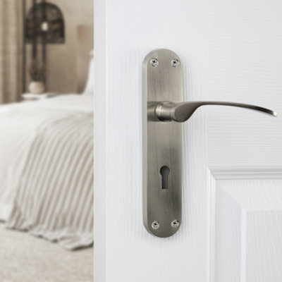 Sandleford Denton Security Key Lock Internal Door Handle Lever on Backplate Set Pair Kit - Brushed Nickel