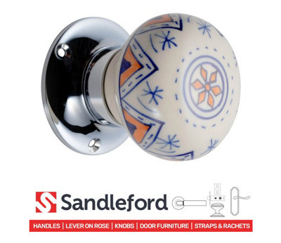 Sandleford Distinta Bari Mortice Internal Door Knob Pull Set Pair - Painted Pattern Ceramic and Polished Chrome Round 61mm
