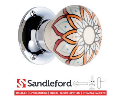 Sandleford Distinta Como Mortice Internal Door Knob Pull Set Pair - Painted Pattern Ceramic and Antique Brass Round 61mm