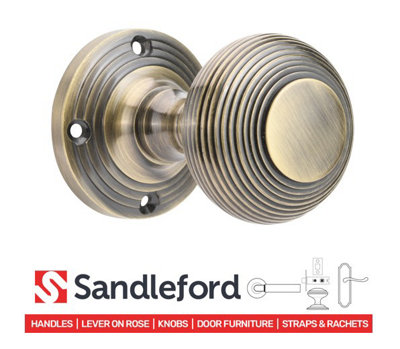 Sandleford Highgrove Mortice Internal Door Knob Pull Set Pair - Reeded Ribbed Antique Brass Round 60mm Beehive