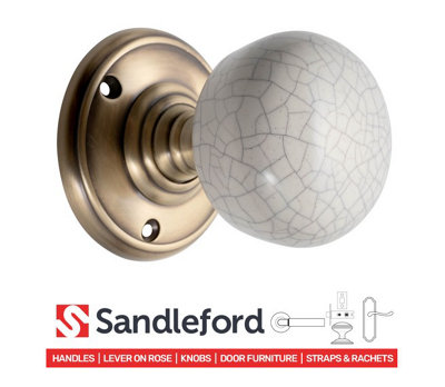 Sandleford Pitville Mortice Internal Door Knob Pull Set Pair - Cream Crackle Ceramic and Antique Brass Round 70mm