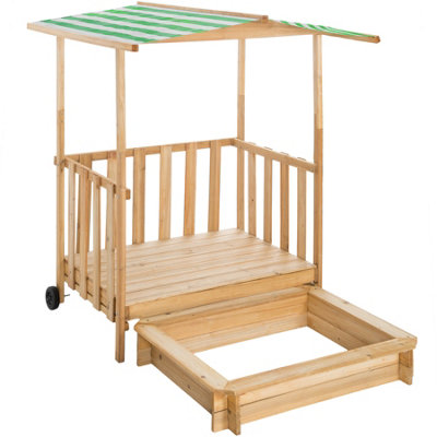 Sandpit - with seating areas and sunshade, play deck with railing, transport wheels - green