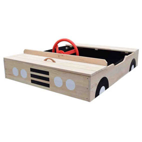 Sandpit - Wooden Car Sand Pit - With Steering Wheel, Weatherproof Cover and Secured Underlay